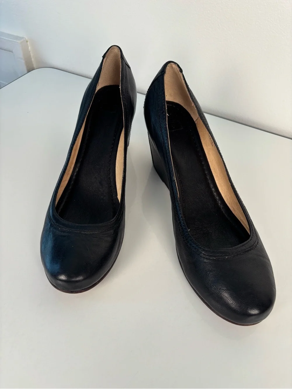 Frye Black Leather Wedge Pumps